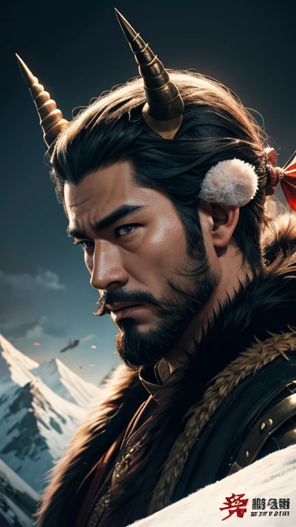 oriental、Man with horns on his head、game poster、masterpiece、super resolution、(realistic:1.4)、alone、man in fur、no background、