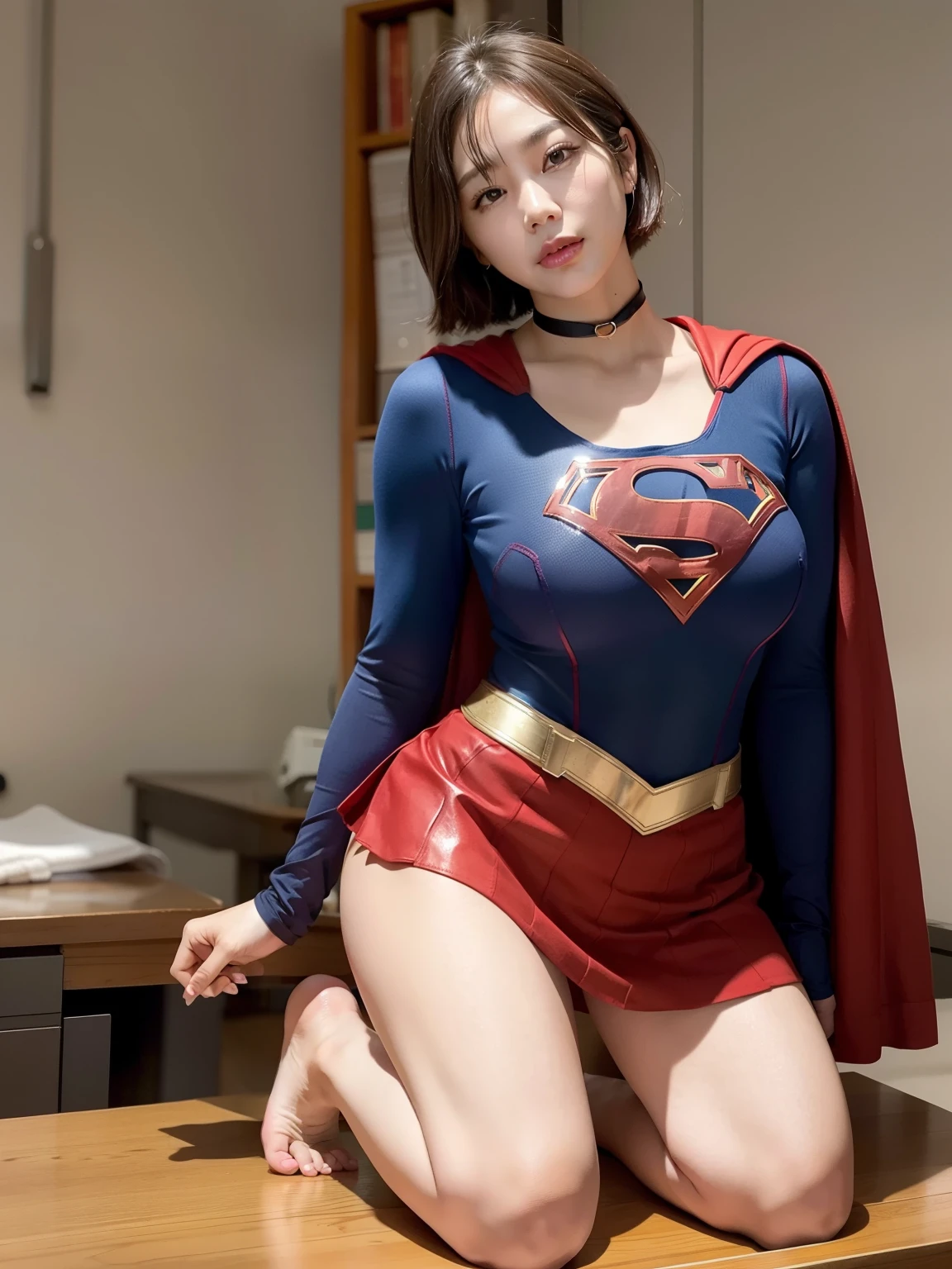 masterpiece、supergirl costume、short hair、barefoot、big and full breasts、Research room、operating table、straddle、Tattered、shiny、look at the camera、Seduce、choker、red mini skirt、long sleeve、Cowgirl