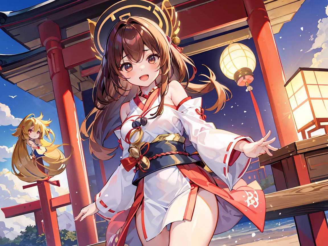 on the table, best quality, high resolution,chica herself,Rubio,long hair,huge ,whole body,miko dress,shrine girl,Japanese dress,excited,He had an ecstatic expression on his face,Red-brown,Attractions