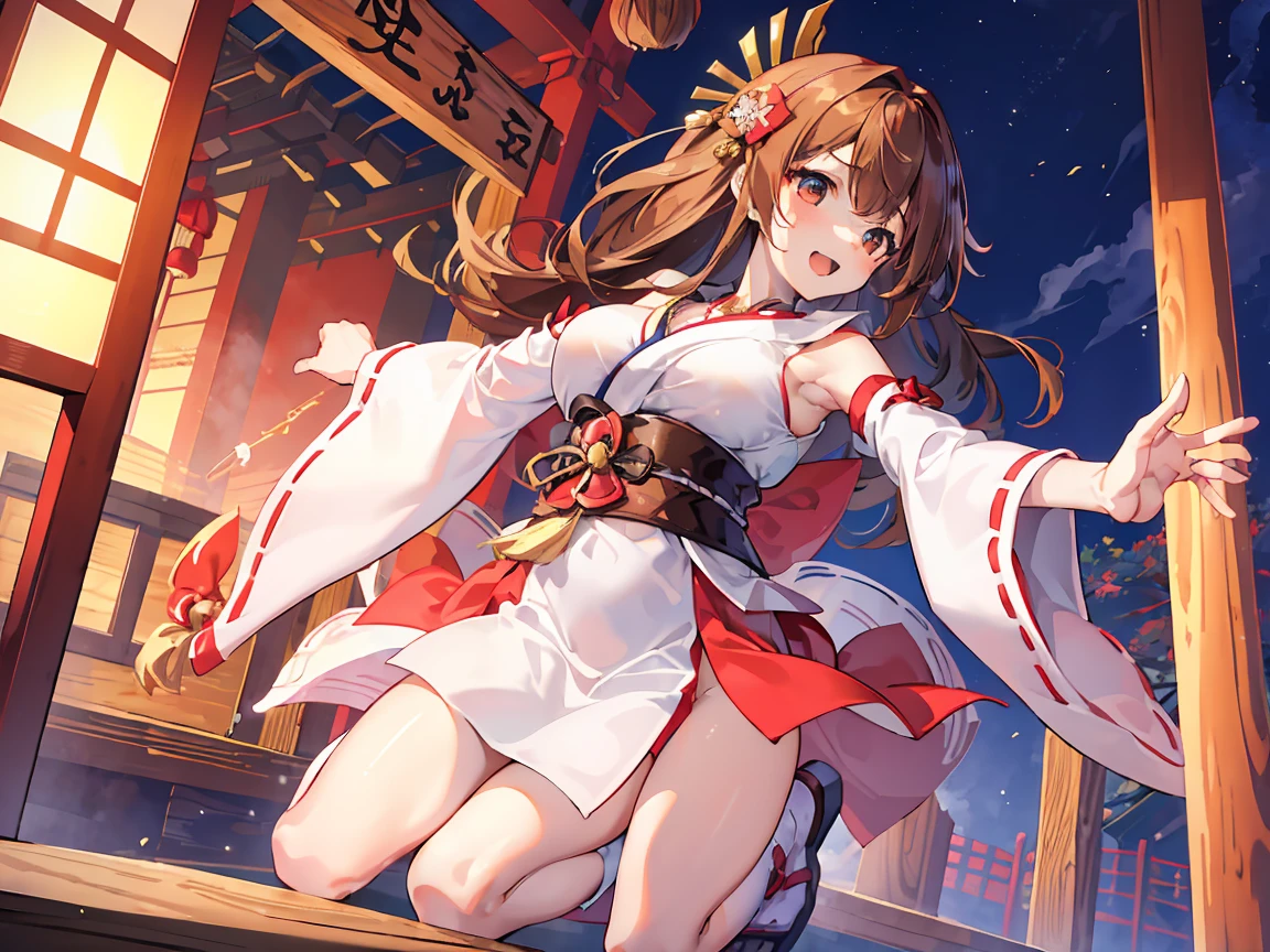 on the table, best quality, high resolution,chica herself,Rubio,long hair,huge ,whole body,miko dress,shrine girl,Japanese dress,excited,He had an ecstatic expression on his face,Red-brown,Attractions