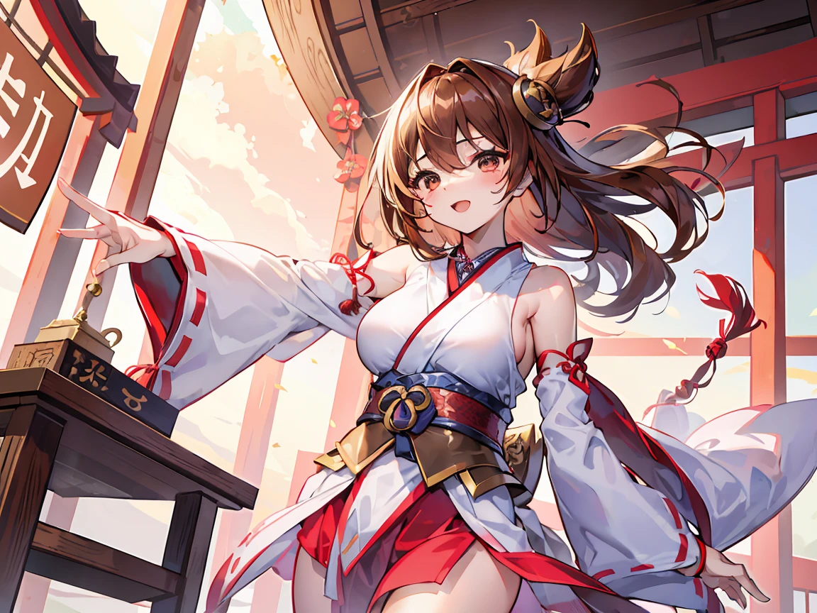 on the table, best quality, high resolution,chica herself,Rubio,long hair,huge ,whole body,miko dress,shrine girl,Japanese dress,excited,He had an ecstatic expression on his face,Red-brown,Attractions