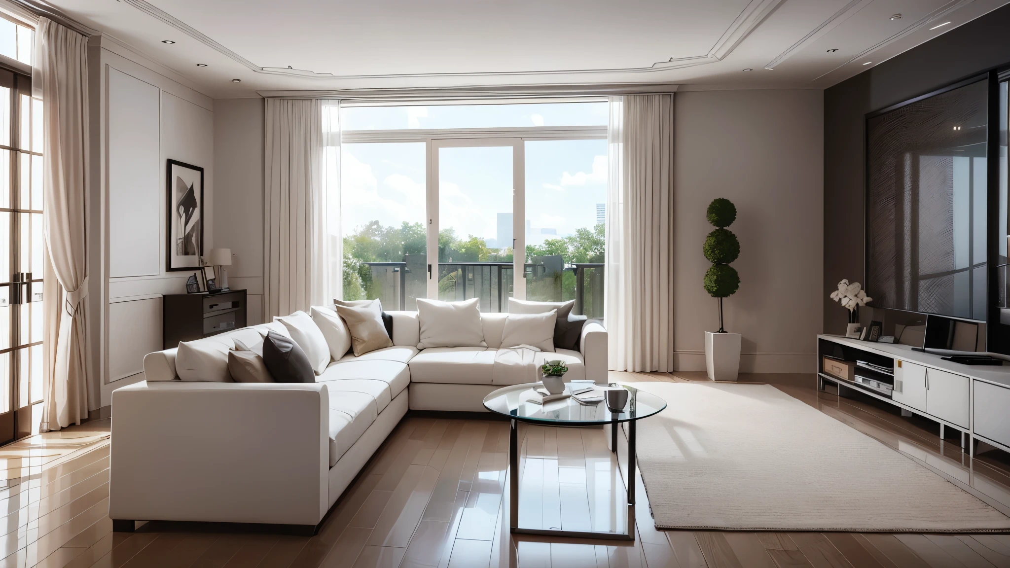 You are a famous interior designer、You have been asked to create a 3D image of a modern large room. Create a harmonious environment with modern and minimalist furniture. Including garden interior.