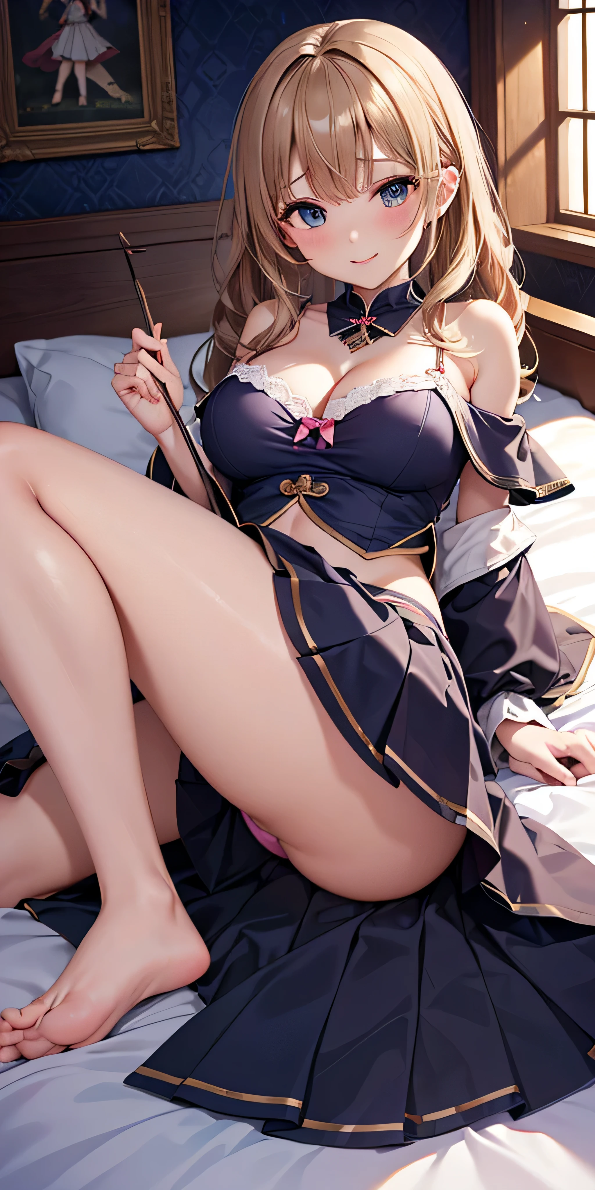 debris flies, highest quality, Highly detailed CG Unity 8K wallpaper, sexy witch , middle length hair、Dark blonde wavy hair、off shoulder knit, dark blue pleated skirt, stockings、medium breasts, saggy breasts, Pose that emphasizes the chest, blush, shy smile, bare shoulders, (((、open your legs wide、please open your knees)))、、nice magic book、church bed、lying in bed、stick out your butt、White and pink panties、White and pink bra