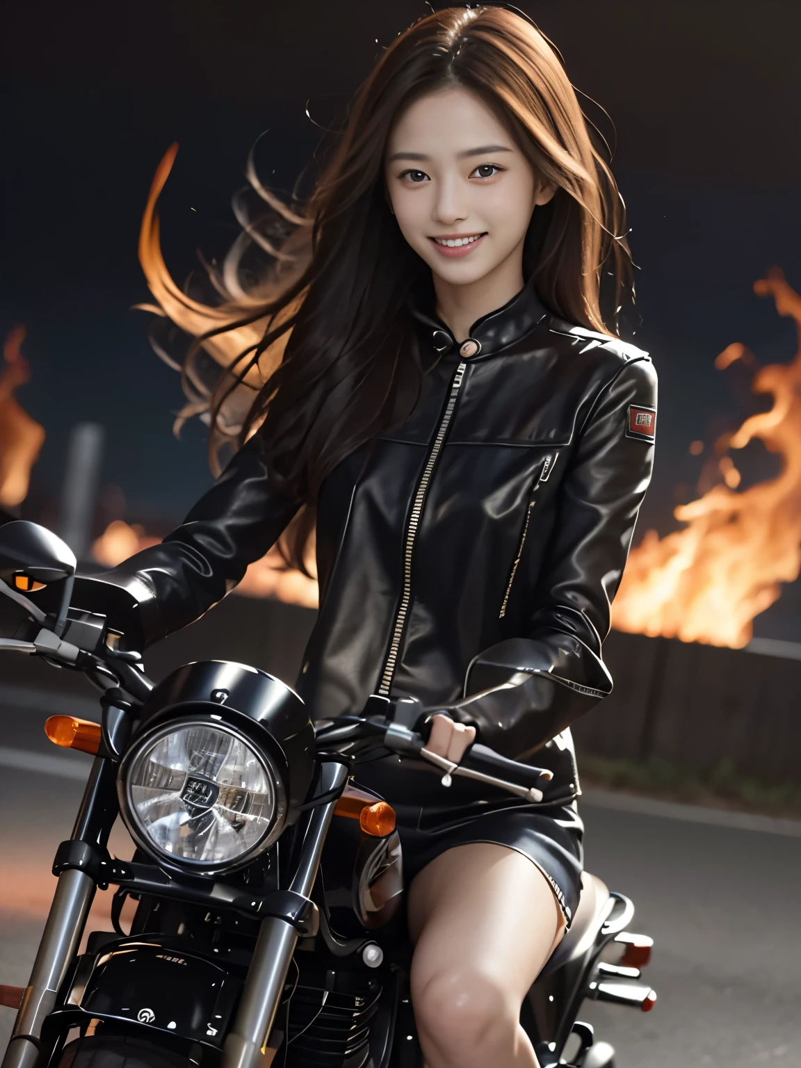 Sharp and clear images、top model photos、smile、Riding a motorcycle with a flame design
