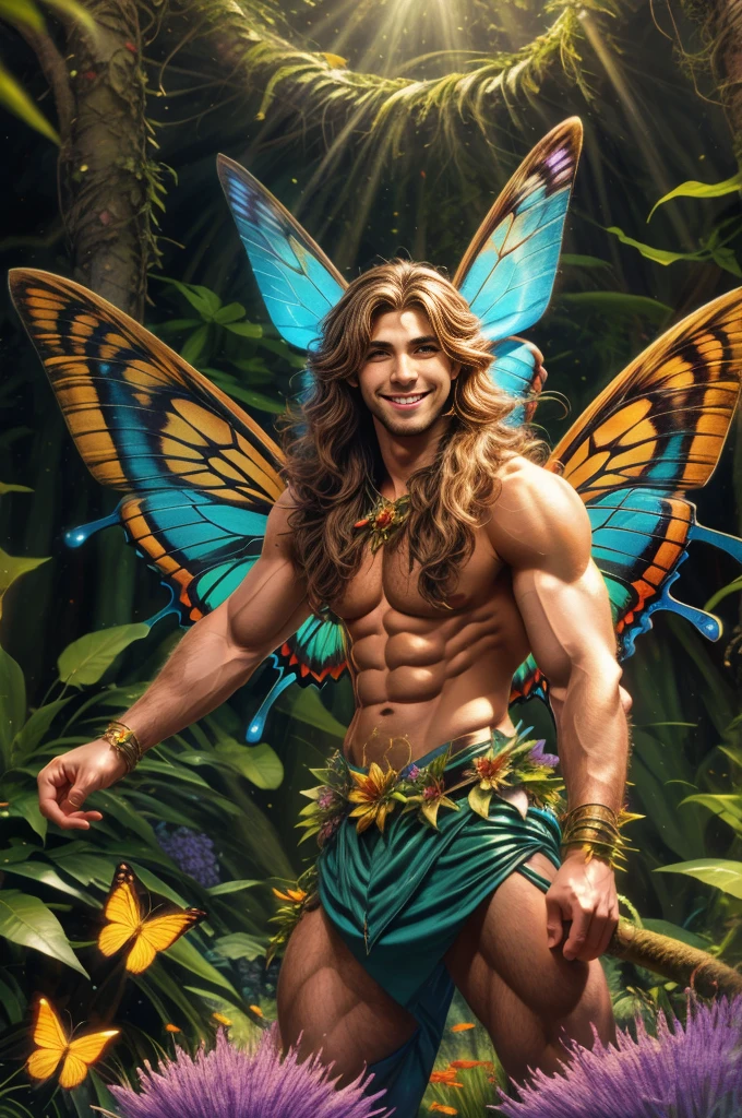 artwork, Male fairy, muscular arms and legs, strong chest, long hair, wings, shine, shine, Enchanted forest, butterflies, vegetation, Flowers, sexy and charming smile, looking at the viewer with inviting gaze, 8k, HDR
