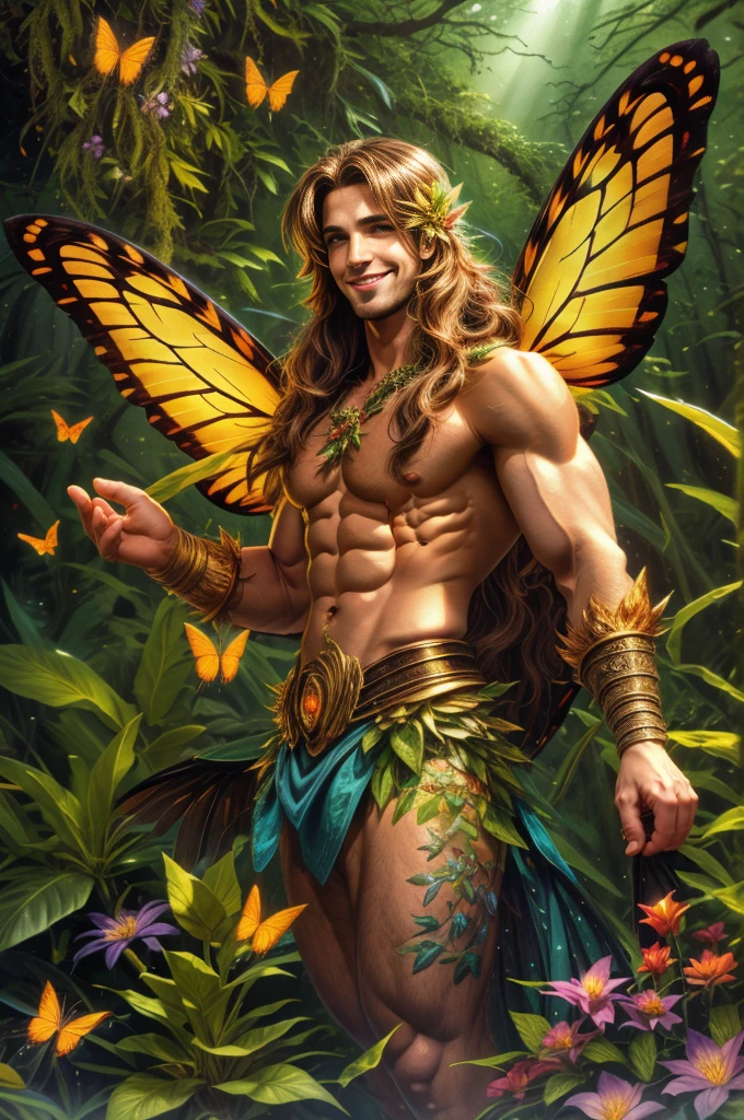artwork, Male fairy, muscular arms and legs, strong chest, long hair, wings, shine, shine, Enchanted forest, butterflies, vegetation, Flowers, sexy and charming smile, looking at the viewer with inviting gaze, 8k, HDR