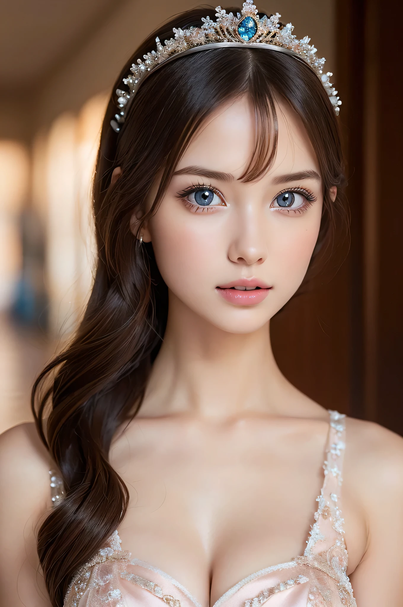 (1beautiful girl), (Beautiful girl in a princess dress:1.5), Amazing face and eyes, (extremely detailed beautiful face), (The sexiest look), (Beautiful big breasts:1.2), (Best Quality:1.4), (Ultra-detailed), (extremely detailed CG unified 8k wallpaper), Highly detailed, RAW Photos, Professional Photography, a scene from a movie,