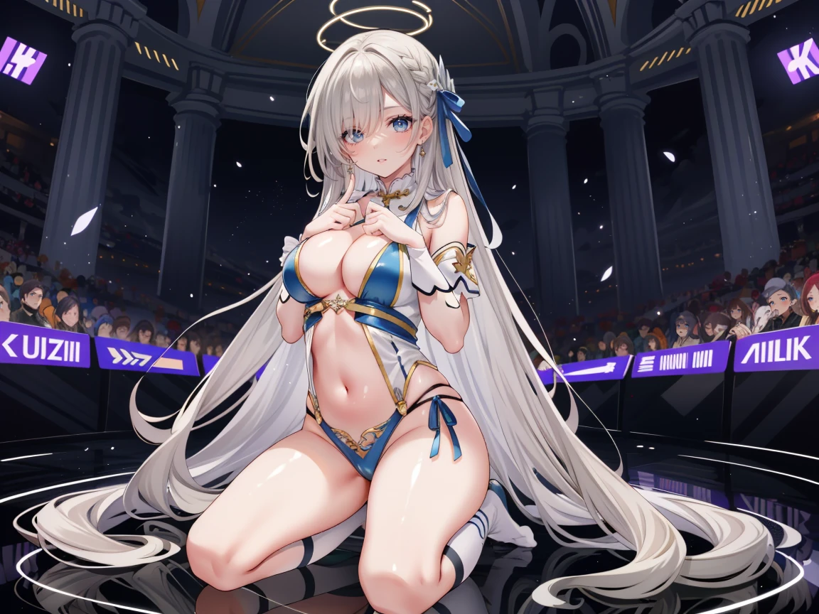 (high resolution), (The best resources), (high quality), (masterpiece), 1 plump girl, Asuna, blue eyes, long gray hair, halo, hair covering one eye, very long hair, light brown hair, (, Cracked Contrast Glue High Socks, Red latex, praying hands logo, looking at the audience, 8K HD RTX, Delicate finger detailing,Obscenity exposed，slim figure，Smile