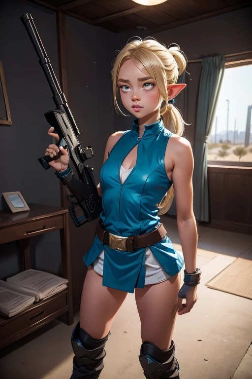 Imperial Guard Combat Uniform Swimsuit, o-ring bikini, v gundam, swimsuit, absurdres, highres, solo, cowboy shot, 1girl, neneka nibrou \(cosplay\), wristband, headphone, holster, backpack, holding gun, aiming, perfect hands, wind, small breast, (highres,best_quality,masterpiece), (1girl,solo), (Shine_h, Blonde_hair, smile) gentle