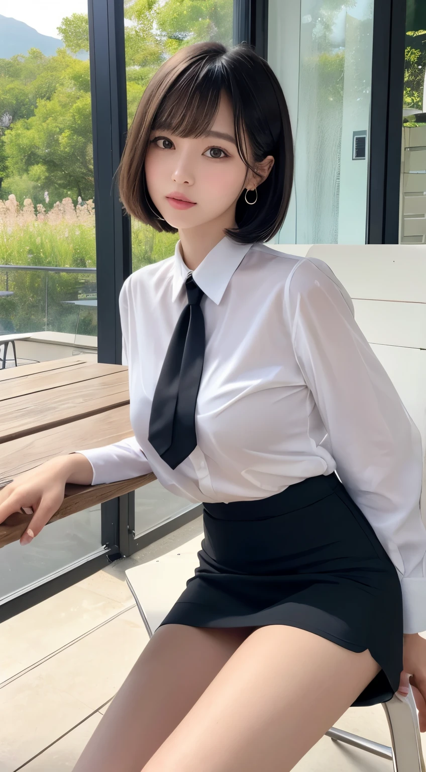 {{NSFW}},((highest quality、In 8K、master piece:1.1))、fisheye lens 、1 woman、Transparent white skin、delicate and beautiful skin、human-like skin、realistic skin feel、Make sure the light and dark、very short hair、short hair、too short hair、hair shorter than neck、A hairstyle so short that you can see your neck、複雑な色hair of、complicated hairstyle、gloss々hair of、bangs are cute、Cut the bangs parallel to each other、bangs bangs、Tie your hair back、Tie your hair to the side、two block、Sheared hair、ear length hair、Looking at the camera、look at camera、raise your chin slightly、double big eyes、super delicate eyes、super detailed face、keep your face firmly、face when waking up、Sleepy face、high detailed lips、thick lips、Slender body,covered ????? nipples,shiny skin,Take a full body photo、feminine toned body、draw the entire landscape、comb your hair、detailed design、Stylish café terrace、The weather is nice and I feel good、cute shirt、sit in a chair and look at this、You can see black underwear through the white shirt、Thin fabric shirt、Cute skirt、Skirts so short that you can see the pants、The skirt is flipped up and the pants are visible、Panchira、Black panties show through the gap in the skirt、View of the sea from the large window、