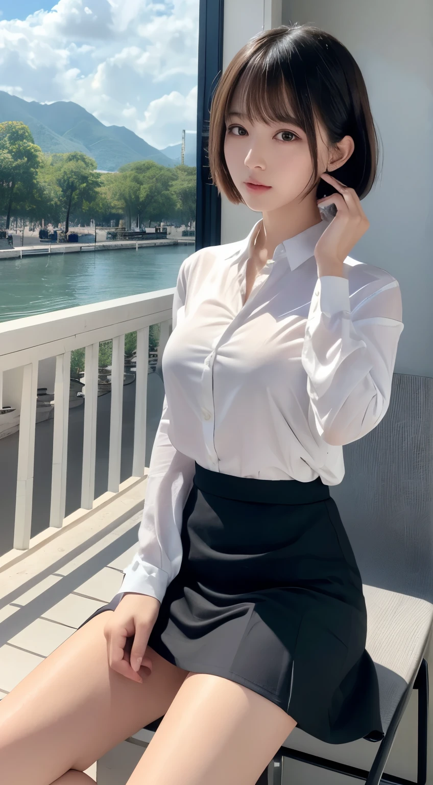 {{NSFW}},((highest quality、In 8K、master piece:1.1))、fisheye lens 、1 woman、Transparent white skin、delicate and beautiful skin、human-like skin、realistic skin feel、Make sure the light and dark、very short hair、short hair、too short hair、hair shorter than neck、A hairstyle so short that you can see your neck、複雑な色hair of、complicated hairstyle、gloss々hair of、bangs are cute、Cut the bangs parallel to each other、bangs bangs、Tie your hair back、Tie your hair to the side、two block、Sheared hair、ear length hair、Looking at the camera、look at camera、raise your chin slightly、double big eyes、super delicate eyes、super detailed face、keep your face firmly、face when waking up、Sleepy face、high detailed lips、thick lips、Slender body,covered erect nipples,shiny skin,Take a full body photo、feminine toned body、draw the entire landscape、comb your hair、detailed design、Stylish café terrace、The weather is nice and I feel good、cute shirt、sit in a chair and look at this、You can see black underwear through the white shirt、Thin fabric shirt、Cute skirt、Skirts so short that you can see the pants、The skirt is flipped up and the pants are visible、Panchira、Black panties show through the gap in the skirt、View of the sea from the large window、