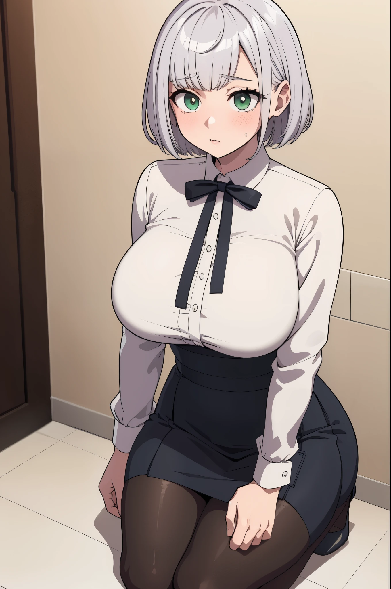 masterpiece, best quality, ultra-detailed, illustration, colorful, flat color, depth of field, 1girl, noel shirogane, anime, staying on her knees on the floor, silver hair, short hair, green eyes, looking at viewer, at restroom, white shirt, black tie, black skirt, pantyhose, black pantyhose, detailed skin texture, detailed cloth texture, beautiful detailed face, blush, shy, huge breasts, view from front