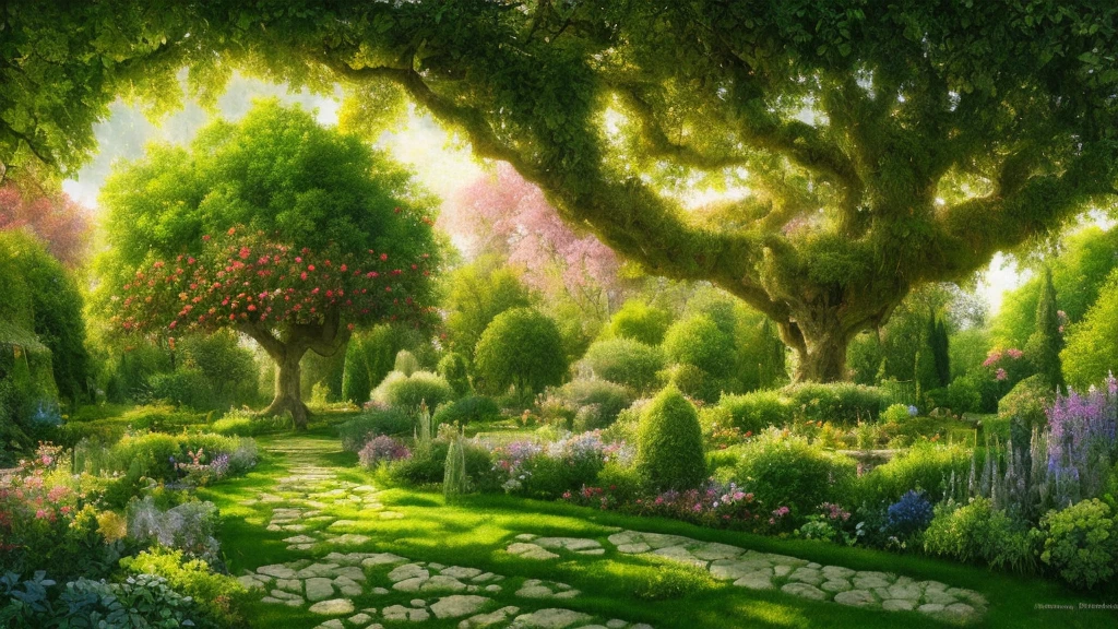 il y a une peinture d'un arbre dans un jardin avec un chemin circulaire, photograph of jardin enchanté, Jardin très surréaliste, Distique de Kerem, jardin enchanté, Andreï Gordeev, Annie Stegg Gérard, jardins célestes, the Jardin d'Eden, Jardin brumeux, Tom Kinkade, Jardin d'Eden, par Arthur Pan, style pictural fantastique, arbre fantastique