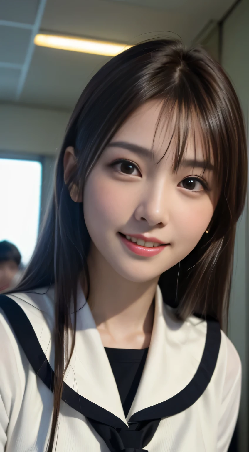 Face Interview, (Photoreal:1.4), (hyper realistic:1.4), (realistic:1.3), (smooth lighting:1.05), (Improve video lighting quality:0.9), 1 female, 16-year-old woman, realistic lighting, Backlight, facial light, ray tracing, (cheerfulness:1.2), (Improved image quality:1.4), (Highest quality realistic textured skin), finely tuned, small face, red cheeks, slender body, medium-breasted pointed jaws,,,,,,,,,,,,,, Japan idol system, Nogizaka idol, glowing skin, fiery idol pose, P, dull bangs, black hair, hair behind the ear, shoulder hair, long hair,tear bag，Summer plateau、no makeup、Inside a high school classroom、(High School Uniform Sailor Uniform:1.2)
