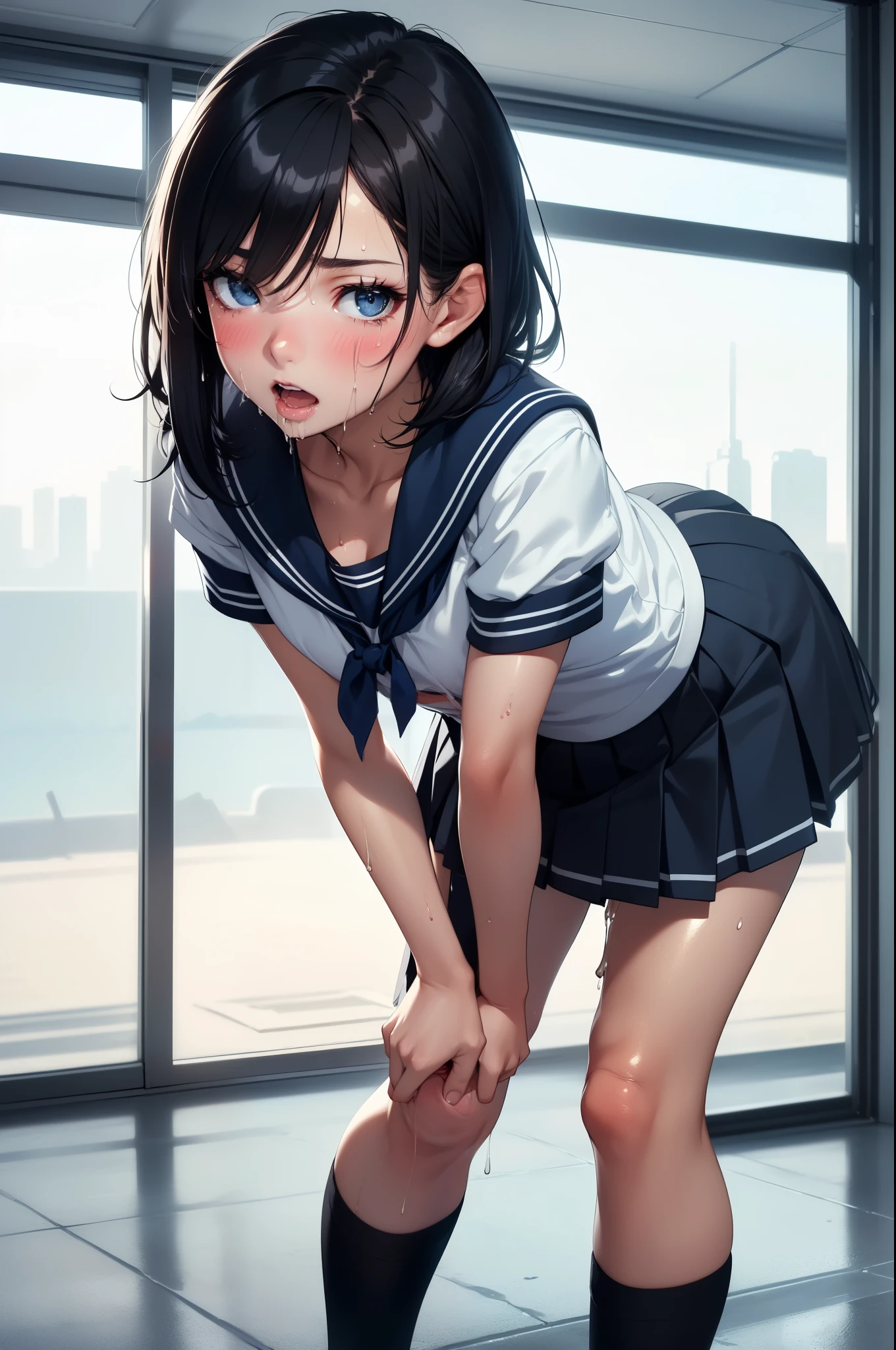 high quality、最high quality、All limbs、Ultra - High resolution、full finger、Slender beauty、smile、Wearing a shiny school swimsuit、shiny skin、black knee highs、Bedroom、Dramatic sentences, break, NSFW, ( vagina , sex:1.5),( gang rape:1.6), (cum in pussy:1.3),  pussy, pillow, No correction, throw, Raise the hand, bangs, (( on body:1.3))