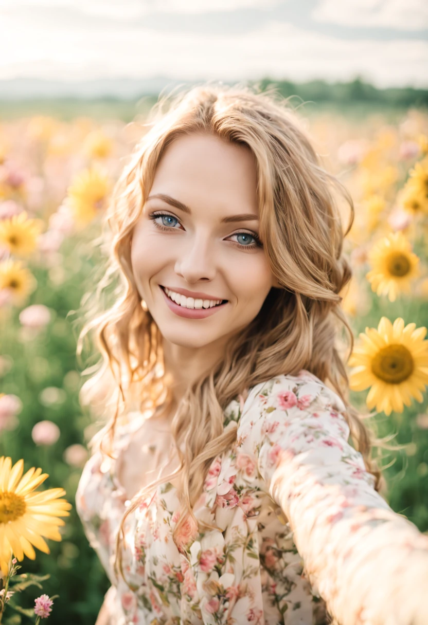 a photo of a woman, in her twenties, radiating an aura of playfulness and happiness, blonde and pastel light brown hair, top view, flower field, nature, outdoor, detailed background, pale skin, shot on Porta 160 color, shot on ARRI ALEXA 65, bokeh