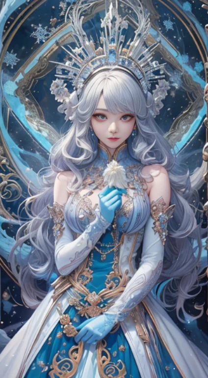 platinum tone、((masterpiece)))、(((quality)))、((Ultra-detailed))、(surreal)、(Highly detailed CG illustrations)、light particles、halo、official art、fractal art、geometry、Abstract background from the early 20th century、snowstorm、My whole body shines、Queen of snow、wonderful beauty、 Woman in her 40s、elongated eyes、A piercing gaze、Sapphire Eyes、Sophisticated Threat、Gorgeous beauty、얼음 snowstorm의 마법、colorful dress、diamond encrusted solo、perfect angle、perfect composition