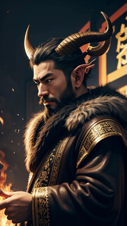 oriental、Man with horns on his head、game poster、masterpiece、super resolution、(realistic:1.4)、alone、man in fur、no background、
