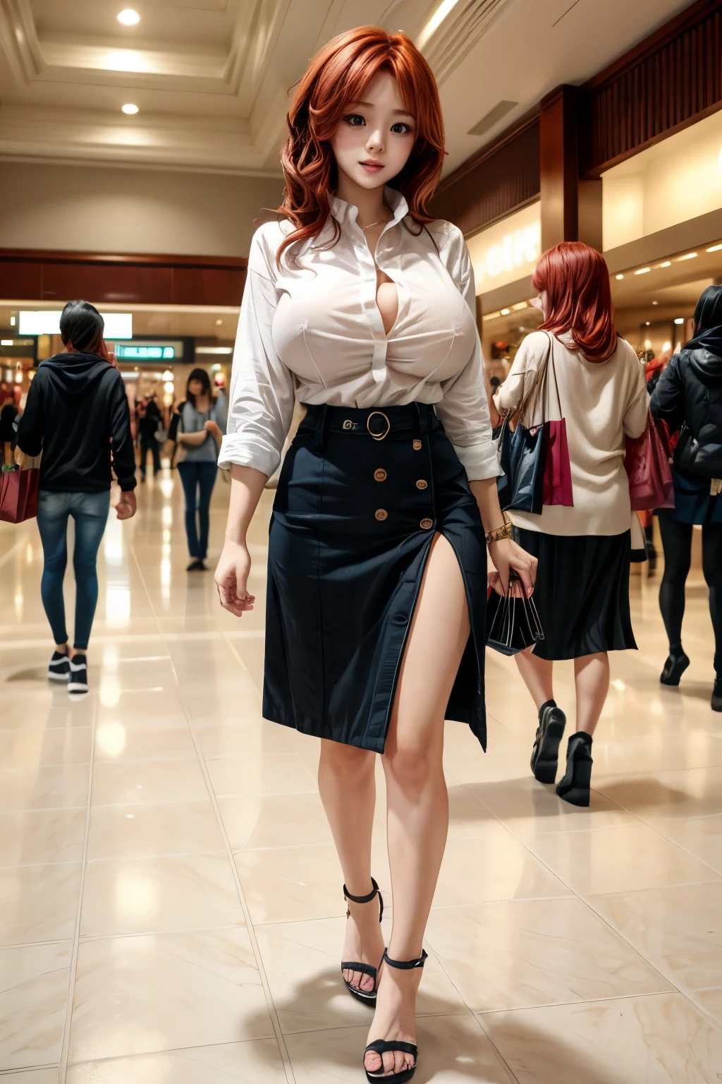 chris、25 years old、Redhead shortcuts、beautiful woman in casual long shirts and skirt fashion, shopping at mall, giga_busty