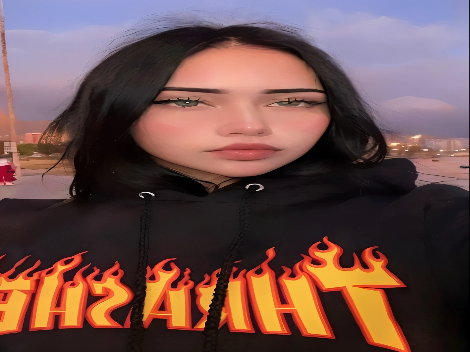 arafed woman with black hair and a hoodie with chamas on it, Cerveja suave rainha do diabo madison, olhos ardentes, garota de cabelo preto usando moletom, Olhos de fogo, bright Olhos de fogo, fogo nos olhos, imagem de perfilture, chamas in the background, imagem de perfil, red Olhos de fogo, imagem de perfil, fogoso, chama, imagem de avatar, em chamas, chamas surround her, chamas