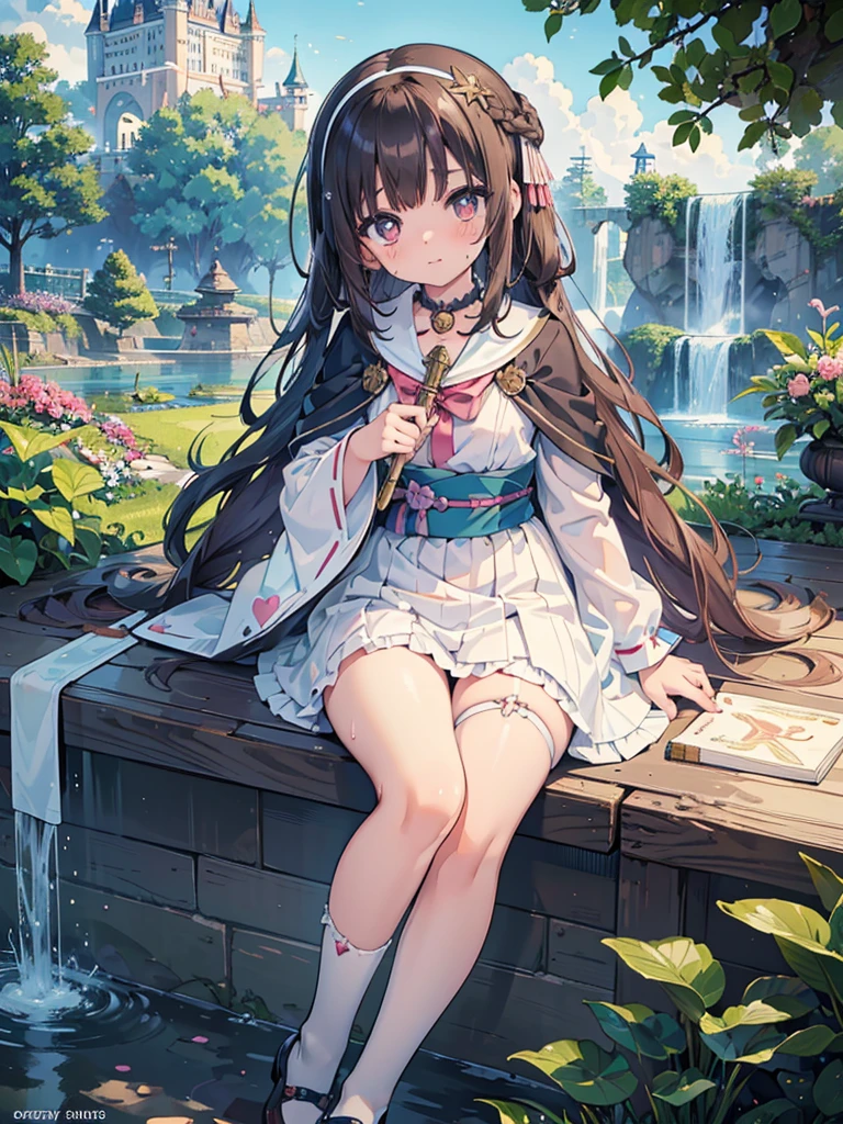 photo realistic, (masterpiece,best quality:1.4),(8k,raw photo,photo realistic:1.2), detailed skin, detailed face, ((1girl)),Japanese idol, cute face, little girl, Not Safe for Work, (raw photo, photo realistic: 1.2), ALL Nudi-ty, nudi, (((NO panties))),nipp-les, Open twat, anus, went, (((hair of pubis, Not safe for work))), pubisure, frilled japanese clothes, RED frilled hakama short skirt, frilled, White frilled legwear, ankle boots, frilled choker, amulet, wrist cuffs, sash, frilled reg garter, (((No cloth))), cape, (((Holding a cute magic wand))), heart ring, ((long hair)), light brown hair, braid, brown eyes, straight hair, little girl, 12years old, petite, cute, happy, medium breasts, small nipp-les, (((sitting spread legs))), kanzashi, (hairband), heart shaped pupils, medium bob,((puss juice, Sweat, Sweatdrop)), (((spread puss,Not Safe for Work))), (((ure-thra))), urinates, anus, yumekawa,yumekawaii,pastel color,(wonderland garden:1.3),rainbow waterfall,dripping ink,imagination,(Castle:1.4),