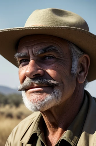 １male、grandfather、American、70 years old、gray hair、beard、moustache、smile、Sean Connery、Safari Hat、adventure hat、Safari Jacket、bust shot、High definition、textured skin、Extremely detailed、High detire、highest quality、masterpiece、Depth of bounds written、Natural light、side light、savanna