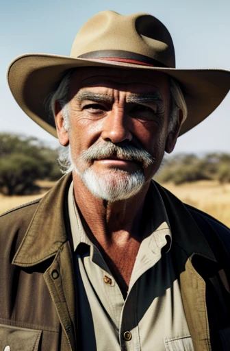 １male、grandfather、American、70 years old、gray hair、beard、moustache、smile、Sean Connery、Safari Hat、adventure hat、Safari Jacket、bust shot、High definition、textured skin、Extremely detailed、High detire、highest quality、masterpiece、Depth of bounds written、Natural light、side light、savanna