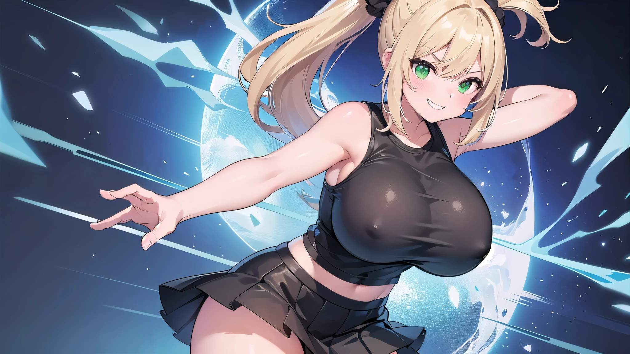 1 girl, game CG, plain black T-shirt, white short skirt, hair scrunchie, ((gigantic breasts)), blonde, middle hair, side ponytail, green eyes, fantasy background, dynamic, looking at viewer, skill attack, smile ,