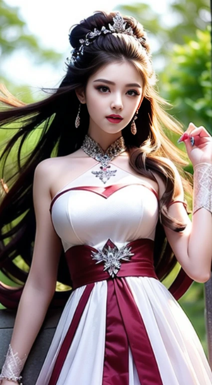 8k Ultra HD, MasterMies, female, nice face, detailed, eye, beautiful lips, Very red hair, Hair spreading, medium chest, wedding dress, white dress, at the park, flying birds, The Wind Blows, Sunny weather, full body capture,
