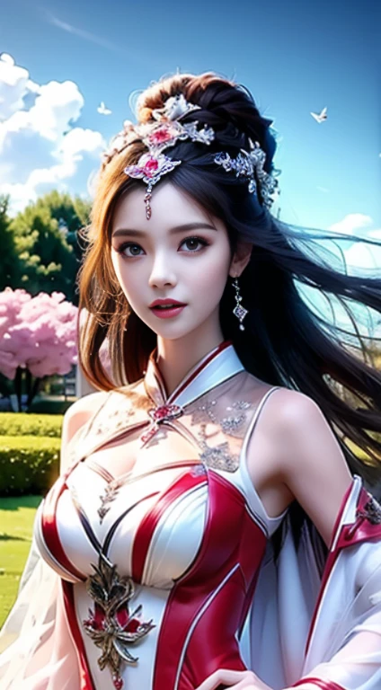 8k Ultra HD, MasterMies, female, nice face, detailed, eye, beautiful lips, Very red hair, Hair spreading, medium chest, wedding dress, white dress, at the park, flying birds, The Wind Blows, Sunny weather, full body capture,