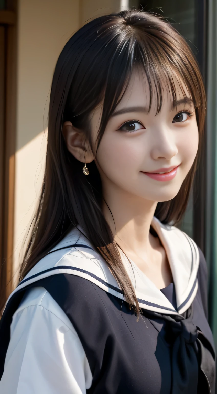 Face Interview, (Photoreal:1.4), (hyper realistic:1.4), (realistic:1.3), (smooth lighting:1.05), (Improve video lighting quality:0.9), 1 female, -yeld wo, realistic lighting, Backlight, facial light, ray tracing, (cheerfulness:1.2), (Improved image quality:1.4), (Highest quality realistic textured skin), finely tuned, small face, red cheeks, slender body, medium-breasted pointed jaws,,,,,,,,,,,,,, Japan idol system, Nogizaka idol, glowing skin, fiery idol pose, P, dull bangs, black hair, hair behind the ear, shoulder hair, long hair,tear bag,Summer plateau、no makeup、Inside a high school classroom、(High School Uniform Sailor Uniform:1.2)