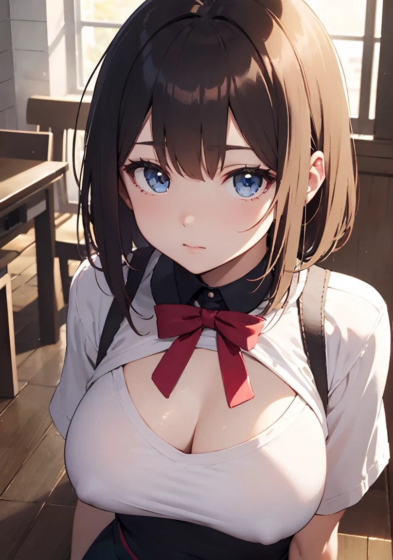 masterpiece, absurdres, best quality, ultra detailed, high Resolution, detailed illustration, extremely beautiful detailed face and eyes, bright colour, 1girl, (li), cute face, Delicate beautiful face, magenta eyes, cute eyes, sparkling eyes, big eyes, medium breasts, (perky breasts:1.1), (pointy breasts:1.1), medium hips, glamorous body, white skin, happy, BREAK, long bob cut, (blonde hair:0.8), messy hair, detailed hair, shiny hair, BREAK high school sportswear, tiny ribbon, High school student club activities, real world, natural lights, perfect lighting,