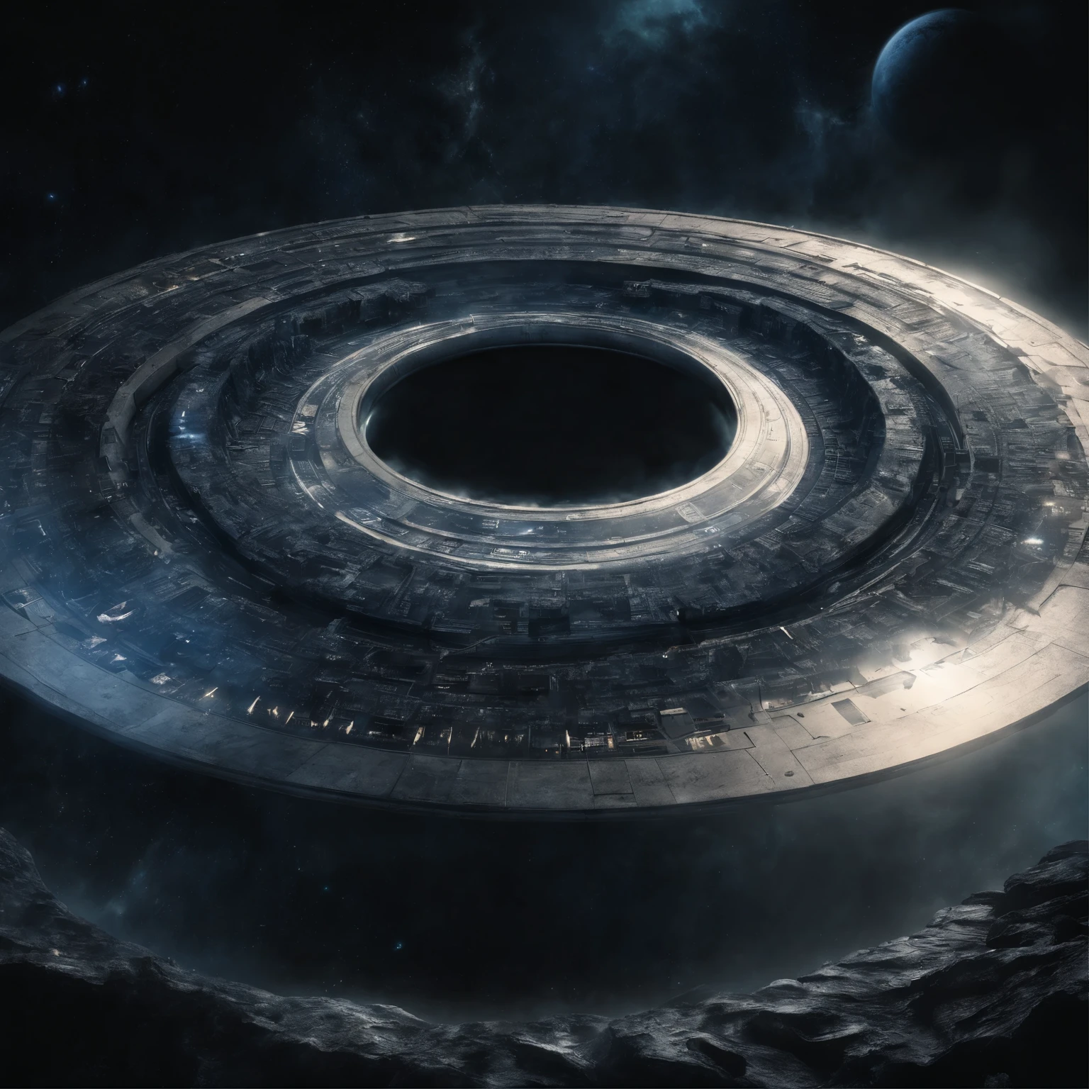 super detailed image of the giant stargate ring (((in the deep space))), (the entire space inside that stargate is filled with streams of blue plasma flowing from the ring to the center of the space inside that ring):1.4, (flying saucer opposite the stargate is preparing to pass through it):1.4, Milky Way, space, stars, (Best Quality, 16K, Masterpiece, UHD, Ultra quality cinematic lighting, Huge detail, Well lit, sharp, hyper realistic, epic scale, insane level of details)