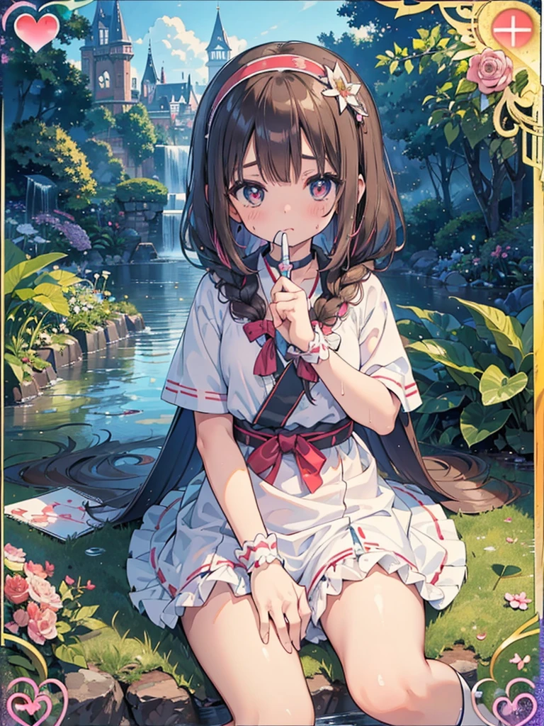 photo realistic, (masterpiece,best quality:1.4),(8k,raw photo,photo realistic:1.2), detailed skin, detailed face, ((1girl)),Japanese idol, cute face, girl, Not Safe for Work, (raw photo, photo realistic: 1.2), ALL Nudi-ty, nudi, (((NO panties))),nipp-les, Open twat, anus, went, (((hair of pubis, Not safe for work))), pubisure, frilled japanese clothes, RED frilled hakama short skirt, frilled, White frilled legwear, ankle boots, frilled choker, amulet, wrist cuffs, sash, frilled reg garter, (((No cloth))), cape, (((Holding a cute magic wand))), heart ring, ((long hair)), light brown hair, braid, brown eyes, straight hair, little 12years old,ite, cute, ha, medium breasts, small nipp-les, (((sitting spread legs))), kanzashi, (hairband), heart shaped pupils, medium bob,((puss juice, Sweat, Sweatdrop)), (((spread puss,Not Safe for Work))), (((ure-thra))), urinates, anus, yumekawa,yumekawaii,pastel color,(wonderland garden:1.3),rainbow waterfall,dripping ink,imagination,(Castle:1.4),heart background, (water-color),((Multicolored lights)), (((trading card))),
