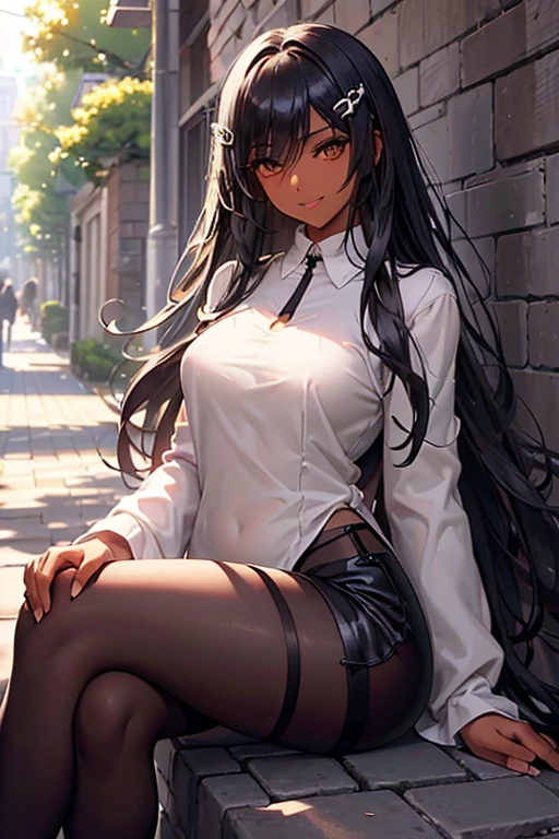 (Masterpiece: 1.5, best quality, high resolution: 1.3, super resolution, super detailed, ultra detailed: 1.3, rich background: 1.2, 1 woman)) dark skin + black hair + long wavy hair + green eyes + long eyelashes + no fringe + beauty point under the eye + feminine body + small chest + wide hips + thick thighs (wide long-sleeved shirt, high shorts, dark pantyhose, simple accessories, pretty casual style, hair clip) ((smiles, sitting on a sidewalk, sunlight, trees in the background) (colors of clothing and accessories: white, black, cream, lime green, red)