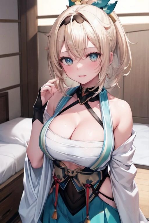 Representative works, highest quality,perfect eyes,Perfect tongue,angry face,feverish breath, (8K ,hyper detail,ultra photoreal sim,masterpiece,Natural,perfect artwork,perfect female body)Representative works, highest quality, 1girl, kazama iroha, blonde hair, fingerless gloves, gloves, sarashi, thighhighs, japanese clothes, white thighhighs, skirt, haori, black gloves, hairband, bangs, sandals, sheathed, pleated skirt, ponytail, chest sarashi, breasts, sheath, blue eyes, hair between eyes, black hairband, hair ornament, leaf hair ornament, long sleeves, covered navel, miniskirt,Huge breasts that look like they'll burst, Proportional body, perfect eyes,Proportional, Japanese-style bedroom,on the futon、Exposed breasts、Tight blue kimono that shows cleavage、tight mini skirt、white stockings、garter belt、(knee shot:1.3), Grinning
