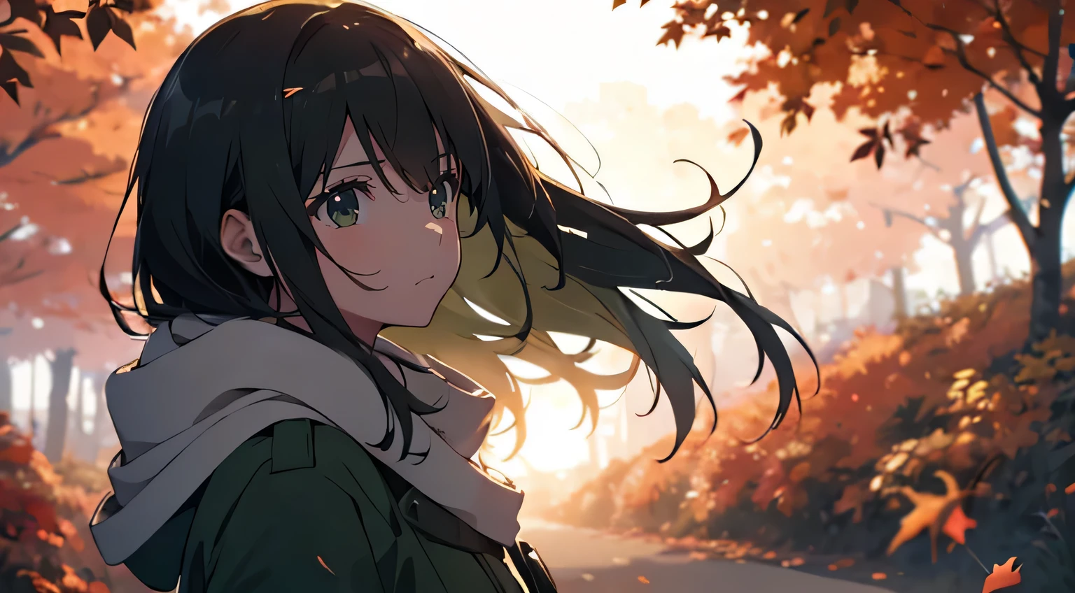 Cute girl wearing a moss green coat and white scarf,hair swaying in the wind,Back Profile,Please look up at the sky,Straight hair over the shoulder,stand under two rows of maple trees,Gently stare at the autumn leaves in your hand,Dramatic sunset,Beautiful lens flare full of light,Falling leaves flutter,Lens bokeh,4K quality,Makoto Shinkai anime style details,Wide low angle,Backlight,underground effect