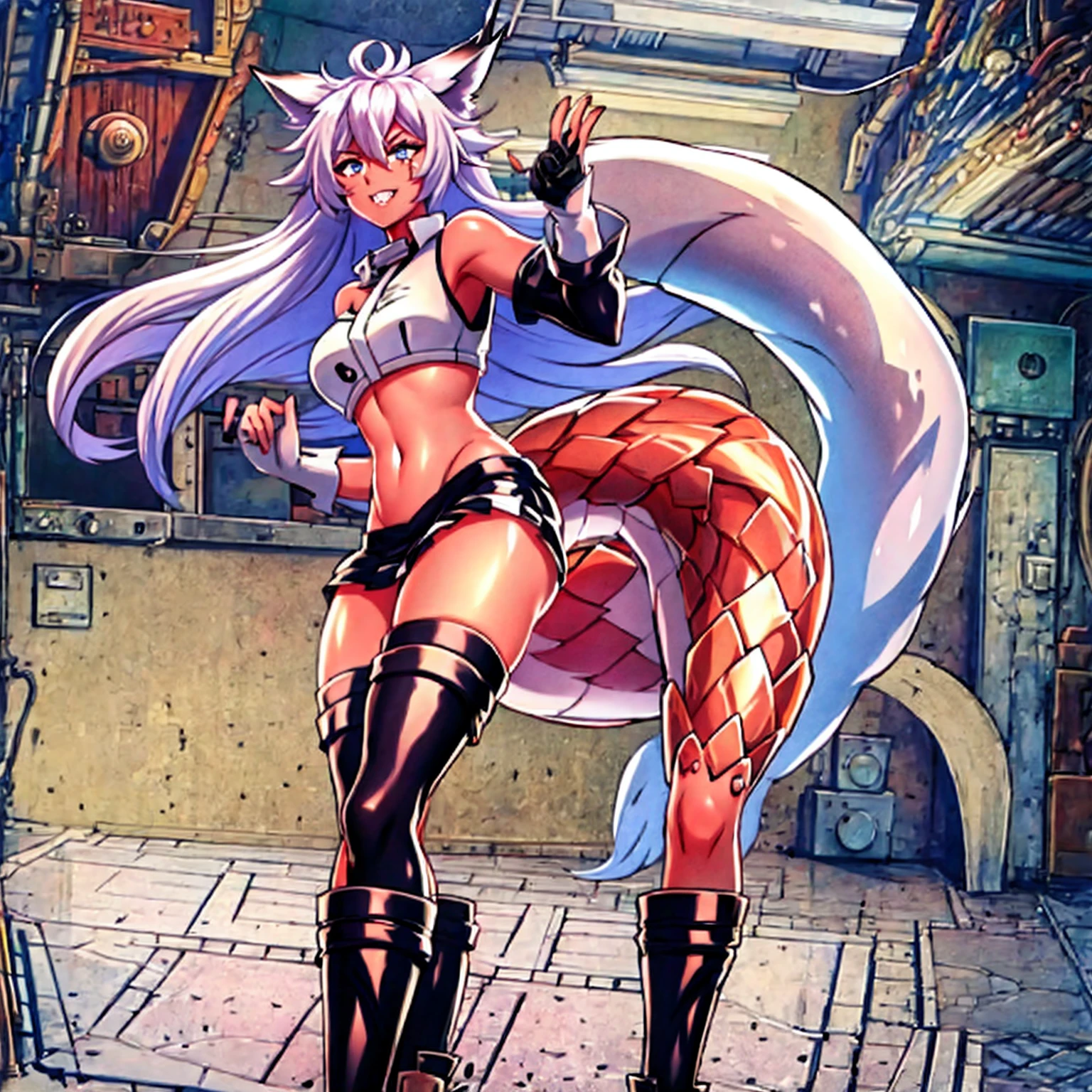 8k, resolution, high quality, high resolution, best quality, extremally detailed, best resolution, absurd resolution, ray tracing, high detailed, masterpiece, extremely detailed,shoulder length white hair, female,2 white wolf ears, age girl, slim body, white scale dragon tail,black boots,black leggings, navel blue school skirt, sailor shirt, white jacket, medium size chest, detailed blue eyes, detailed beautiful face,solo female,1 dragon tail, detailed eyes, tomboyish, dragon tail, white scales