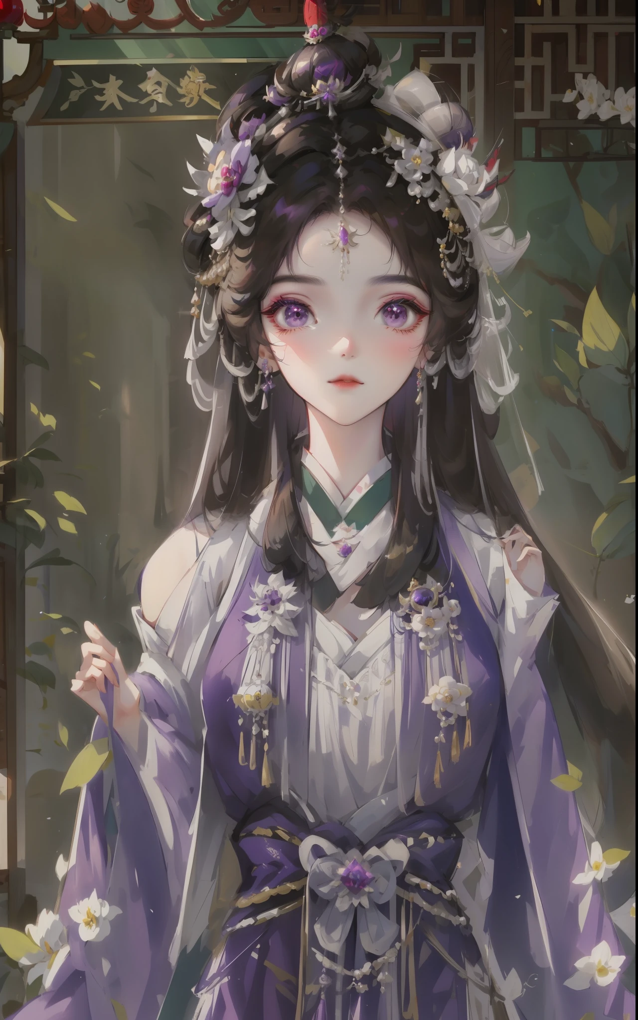 One wearing a purple dress、Close-up of a woman with a crown on her head, beautiful fantasy queen, ((beautiful fantasy queen)), ancient chinese princess, Queen of China, palace , A girl wearing Hanfu, Inspired by Lan Ying, Inspired by Qiu Ying, full body xianxia, chinese princess, china goddess, Inspired by Zhou Fang, dragon