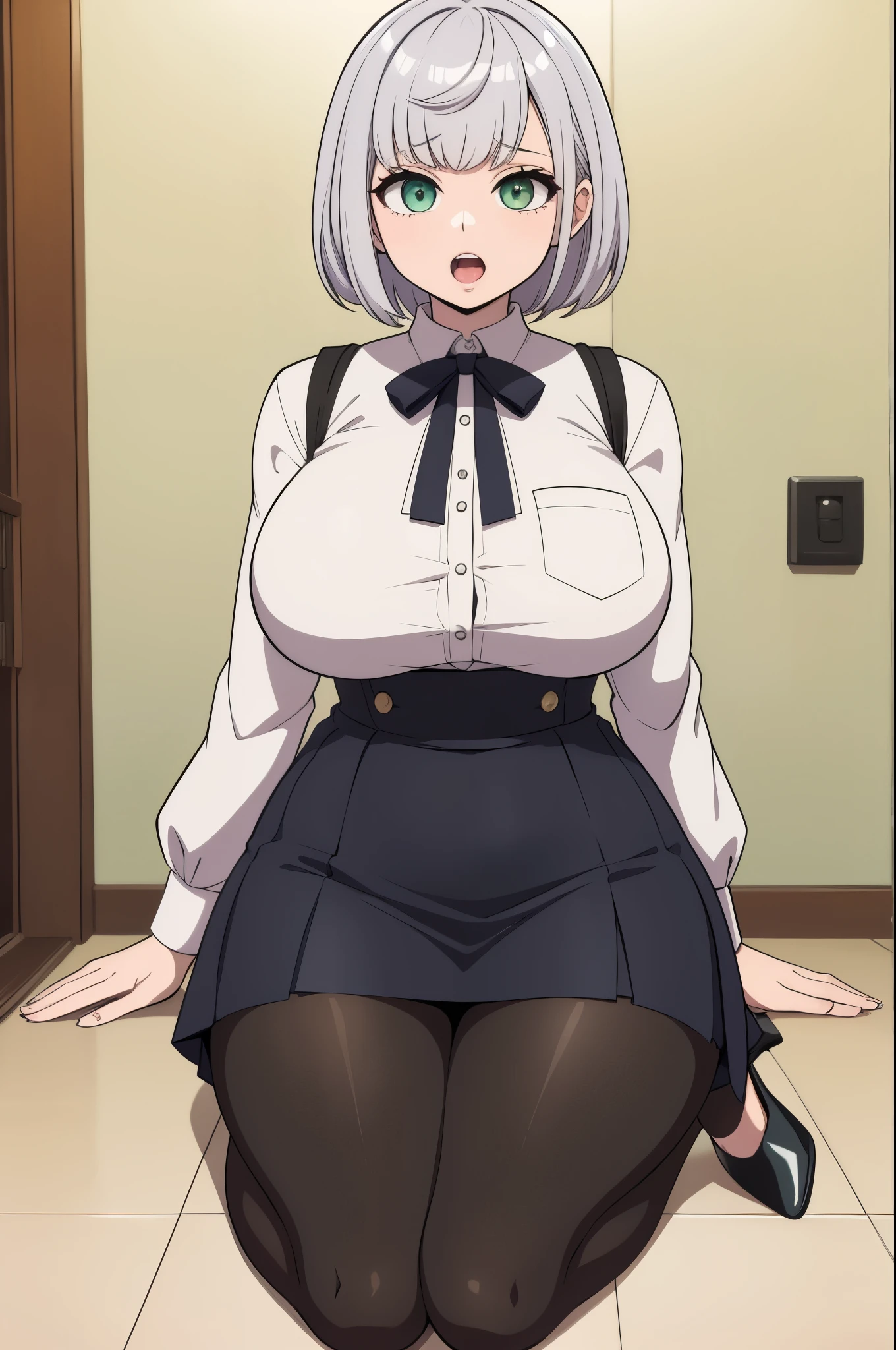 masterpiece, best quality, ultra-detailed, illustration, colorful, flat color, depth of field, 1girl, noel shirogane, anime, staying on her knees on the floor, silver hair, short hair, green eyes, looking at viewer, at restroom, white shirt, black tie, black skirt, pantyhose, black pantyhose, detailed skin texture, detailed cloth texture, beautiful detailed face, open mouth, tongue out, huge breasts, view from front, high heels