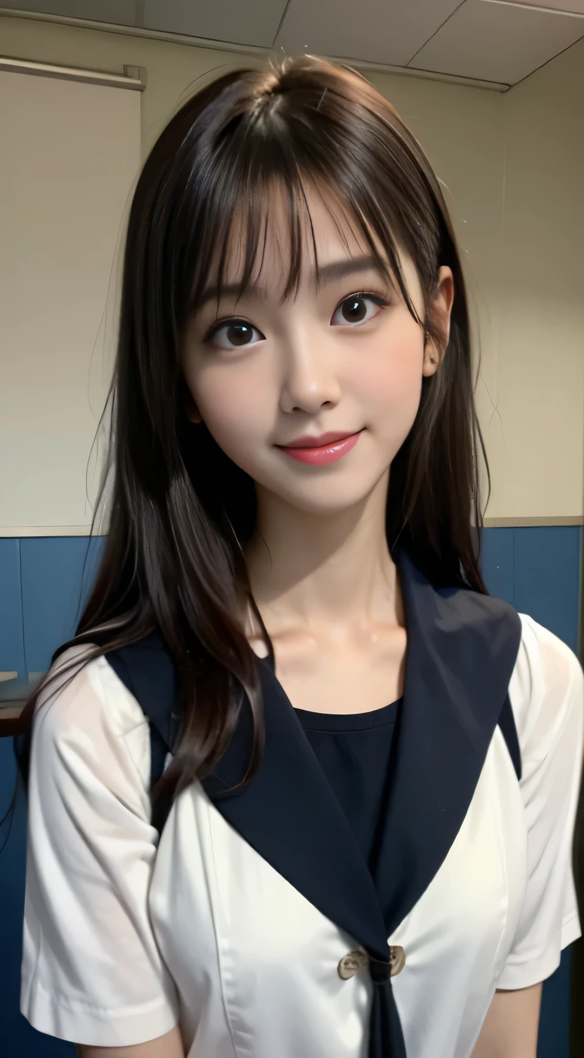 Face Interview, (Photoreal:1.4), (hyper realistic:1.4), (realistic:1.3), (smooth lighting:1.05), (Improve video lighting quality:0.9), 1 female, 16-year-old woman, realistic lighting, Backlight, facial light, ray tracing, (cheerfulness:1.2), (Improved image quality:1.4), (Highest quality realistic textured skin), finely tuned, small face, red cheeks, slender body, medium-breasted pointed jaws,,,,,,,,,,,,,, Japan idol system, Nogizaka idol, glowing skin, fiery idol pose, P, dull bangs, black hair, hair behind the ear, shoulder hair, long hair,tear bag，Summer plateau、no makeup、Inside a high school classroom、(High School Uniform Sailor Uniform:1.2)
