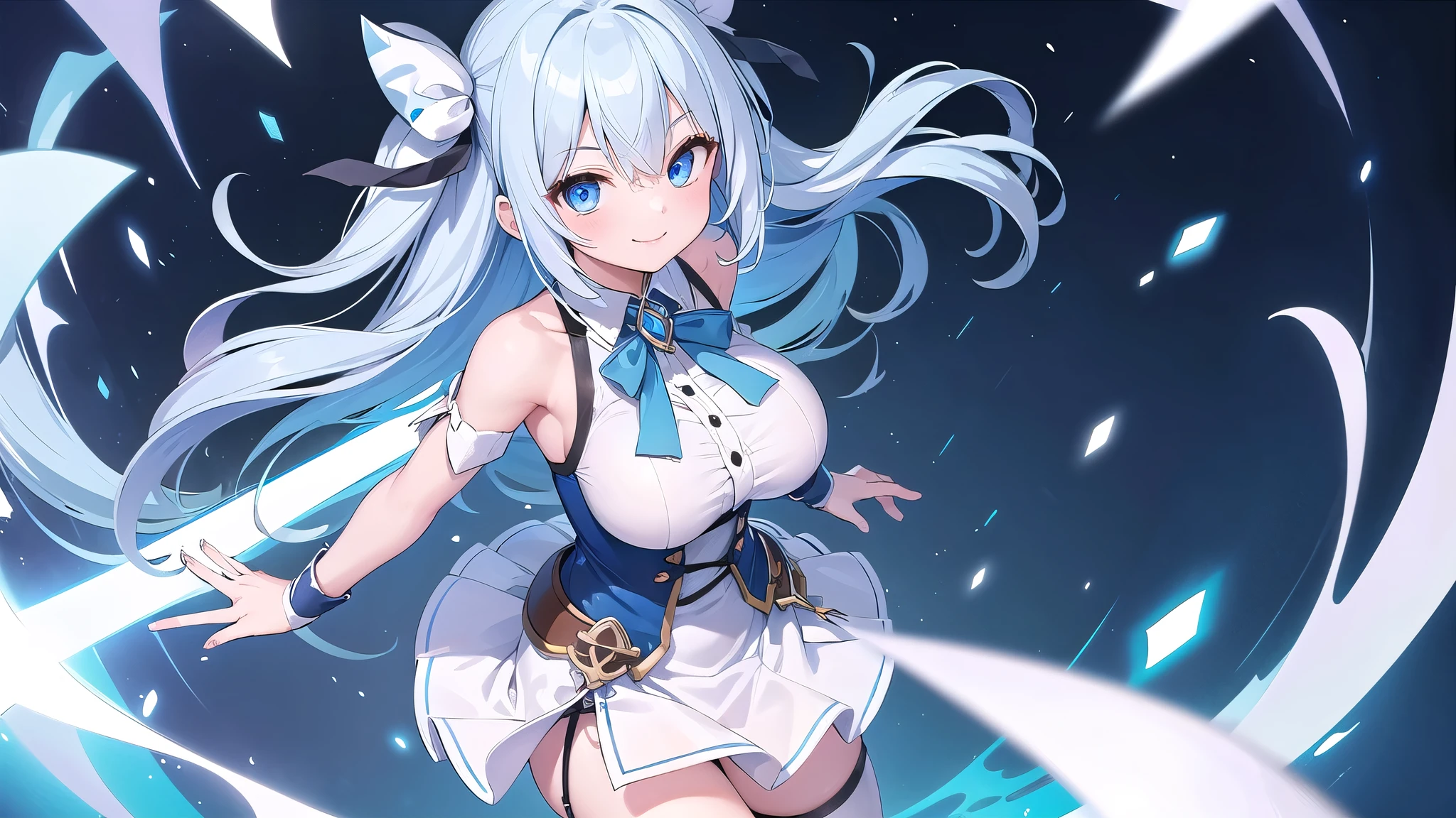 1 girl, game CG, white shirt, shoulders visible, short skirt, string hair ribbon, gigantic breasts, light blue hair, middle hair, two side up, blue eyes, fantasy background, dynamic, looking at viewer, skill attack, smile,