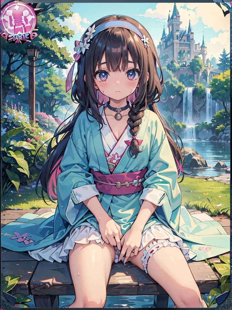 photo realistic, (masterpiece,best quality:1.4),(8k,raw photo,photo realistic:1.2), detailed skin, detailed face, ((1girl)),Japanese idol, cute face, little girl, Not Safe for Work, (raw photo, photo realistic: 1.2), ALL Nudi-ty, nudi, (((NO panties))),nipp-les, Open twat, anus, went, (((hair of pubis, Not safe for work))), pubisure, frilled japanese clothes, RED frilled hakama short skirt, frilled, White frilled legwear, ankle boots, frilled choker, amulet, wrist cuffs, sash, frilled reg garter, (((No cloth))), cape, (((Holding a cute magic wand))), heart ring, ((long hair)), light brown hair, braid, brown eyes, straight hair, little girl, 12years old, petite, cute, happy, medium breasts, small nipp-les, (((sitting spread legs))), kanzashi, (hairband), heart shaped pupils, medium bob,((puss juice, Sweat, Sweatdrop)), (((spread puss,Not Safe for Work))), (((ure-thra))), urinates, anus, yumekawa,yumekawaii,pastel color,(wonderland garden:1.3),rainbow waterfall,dripping ink,imagination,(Castle:1.4),heart background, (water-color),((Multicolored lights)), (((trading card))),