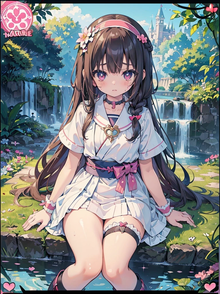 photo realistic, (masterpiece,best quality:1.4),(8k,raw photo,photo realistic:1.2), detailed skin, detailed face, ((1girl)),Japanese idol, cute face, little girl, Not Safe for Work, (raw photo, photo realistic: 1.2), ALL Nudi-ty, nudi, (((NO panties))),nipp-les, Open twat, anus, went, (((hair of pubis, Not safe for work))), pubisure, frilled japanese clothes, RED frilled hakama short skirt, frilled, White frilled legwear, ankle boots, frilled choker, amulet, wrist cuffs, sash, frilled reg garter, (((No cloth))), cape, (((Holding a cute magic wand))), heart ring, ((long hair)), light brown hair, braid, brown eyes, straight hair, little girl, 12years old, petite, cute, happy, medium breasts, small nipp-les, (((sitting spread legs))), kanzashi, (hairband), heart shaped pupils, medium bob,((puss juice, Sweat, Sweatdrop)), (((spread puss,Not Safe for Work))), (((ure-thra))), urinates, anus, yumekawa,yumekawaii,pastel color,(wonderland garden:1.3),rainbow waterfall,dripping ink,imagination,(Castle:1.4),heart background, (water-color),((Multicolored lights)), (((trading card))),