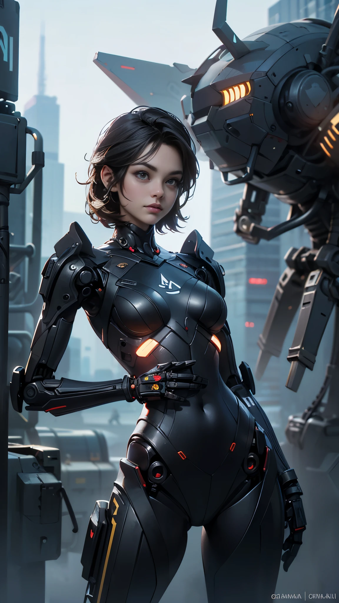 (La mejor calidad,A high resolution,Ultra - detallado,actual),super-hero girl ("elle fanning"), (cuerpo delgado:1.3), Emisivo, Espumoso, neon, (Correct anatomy:1.4), (fondo ciudad Tokio cyberpunkAI apocalyptic:1.4) ,(robotic organs:1.4), pelo corto de duendecillo ,(hermosos ojos azules), (pose vaquero ), (realistic) ,Arte detallado de alta calidad 8K, Fanart Mejor ArtStation, Fantasy art style , (Perfect anatomy )