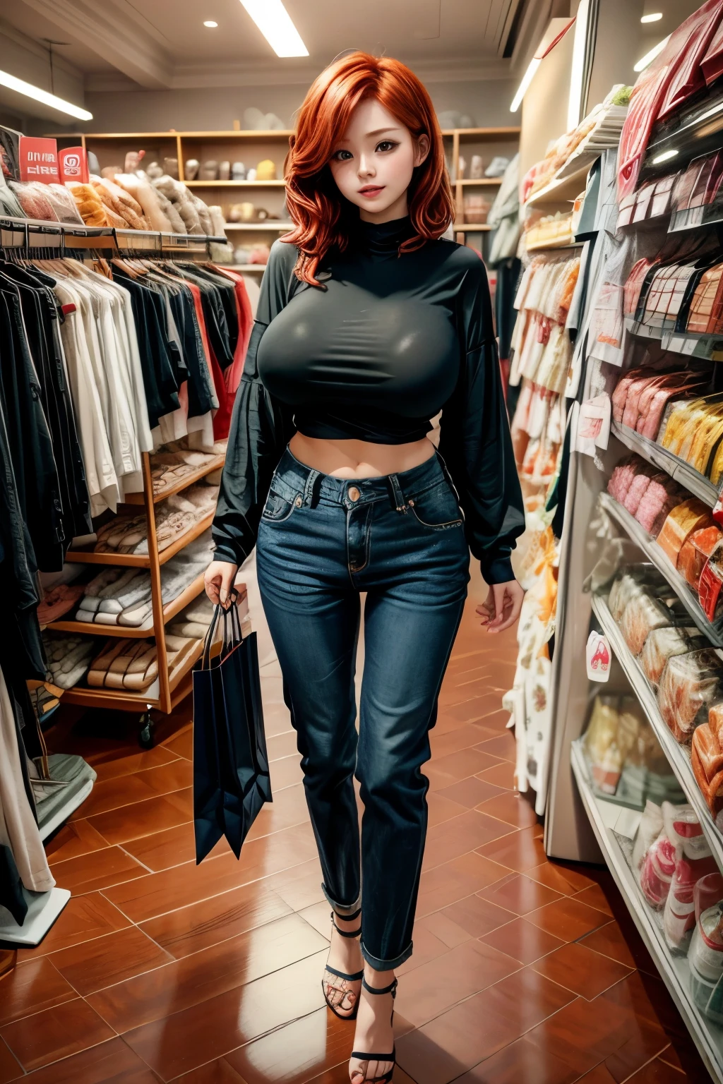 chris、25 years old、Redhead shortcuts、beautiful woman in casual long shirts and pants fashion, shopping, giga_busty