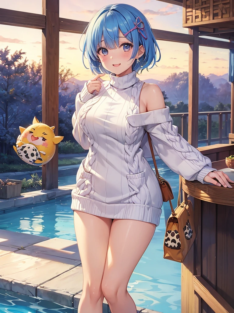 masterpiece,highest quality,High resolution ,1 girl,Rem, Re Zero, blue hair, short hair,straight hair, ((thin)),big breasts,white skin,((sweater(Animal patterns),((胸にAnimal patterns柄のsweater))transparent)),((stripe)),((clothing:sweaterのみ)),bags under eyes,smile,Chemomimi,happiness,bare shoulders,