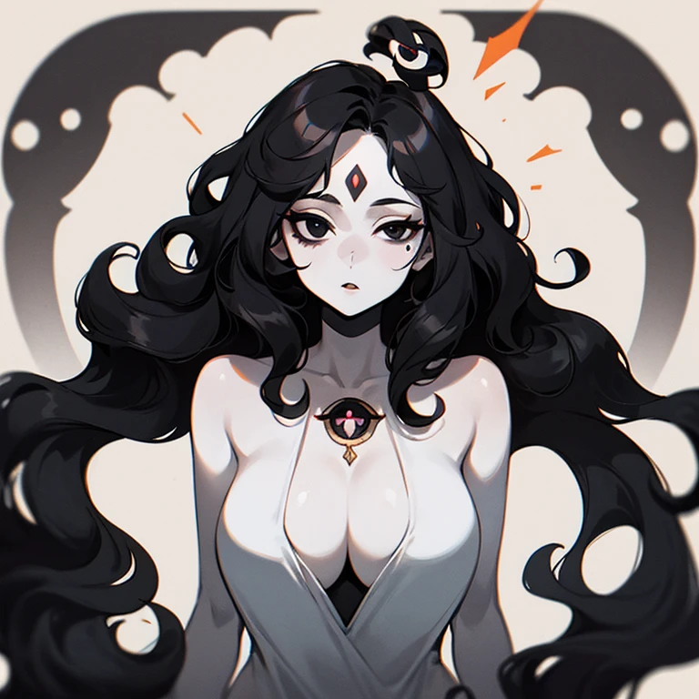 (((Pale woman))),(((Black wavy hair))),(((Completely black eye))),(((Third eye))),(Body with slight curves)