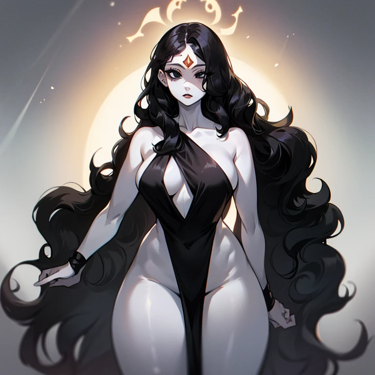 (((Pale woman))),(((Black wavy hair))),(((Completely black eye))),(((Third eye))),(Body with slight curves)