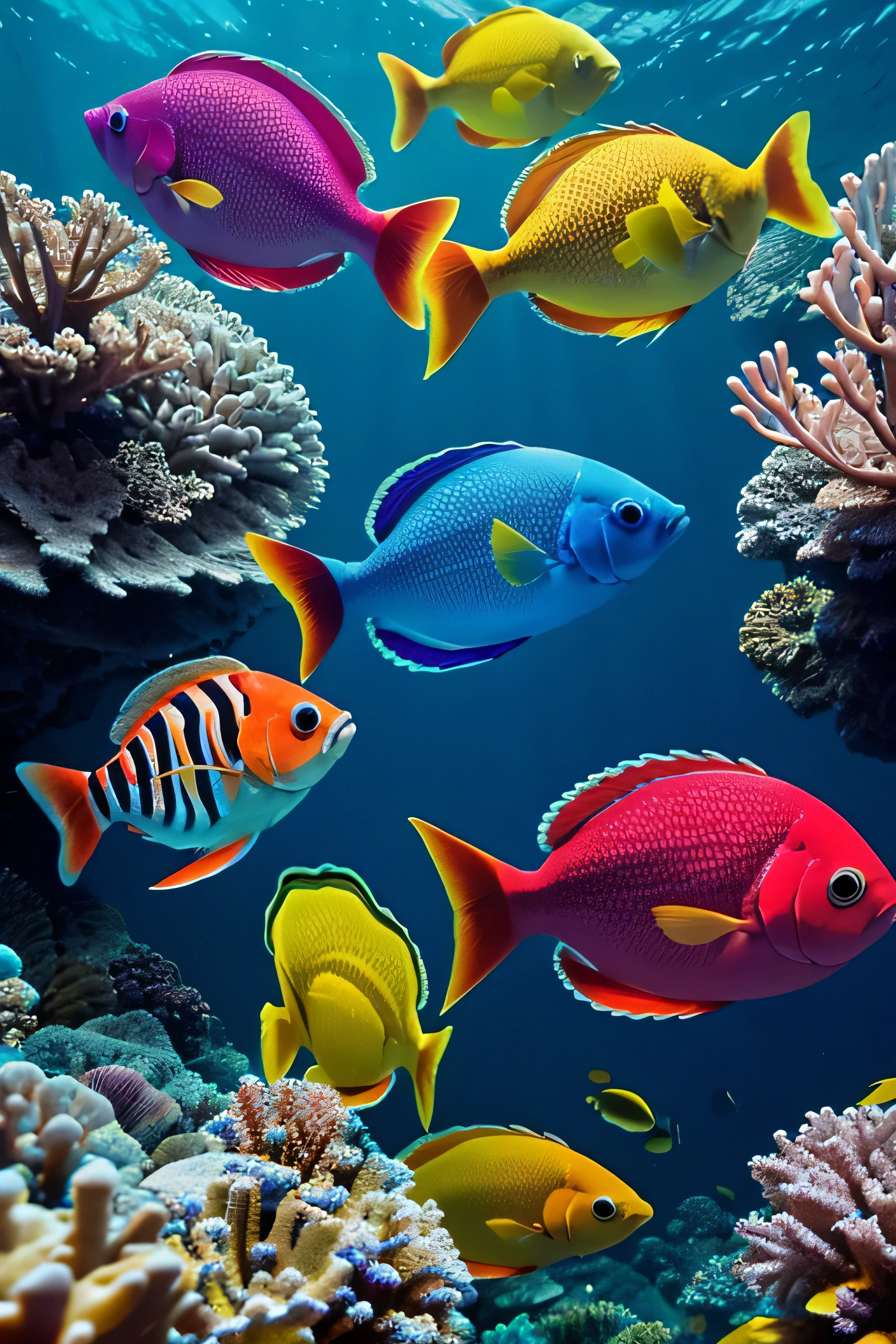 close-up of various colorful fish underwater